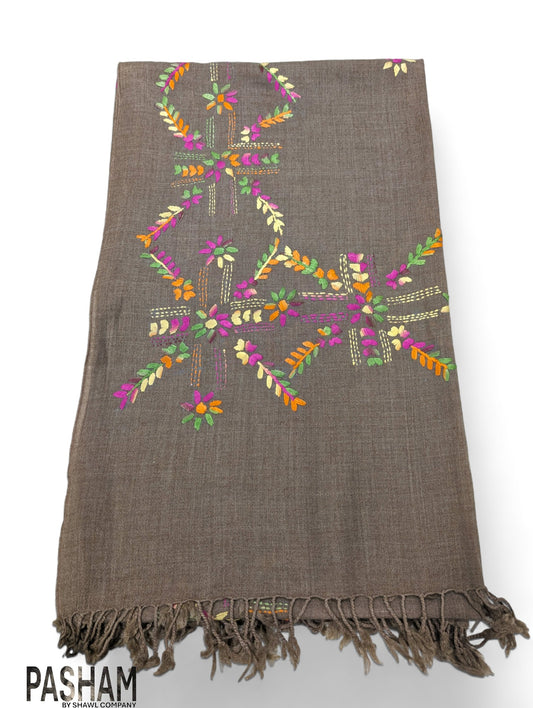 Pasham Hand Made Premium Wool Women Shawl Wrap - Colorful leaves on Brown
