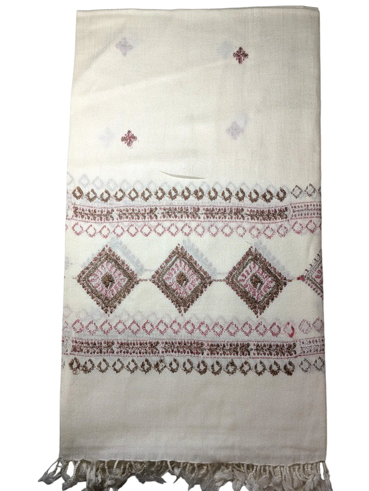 Handmade Women Wool Shawl Wrap Embroidered Design Rhombus With Borders Off White 2