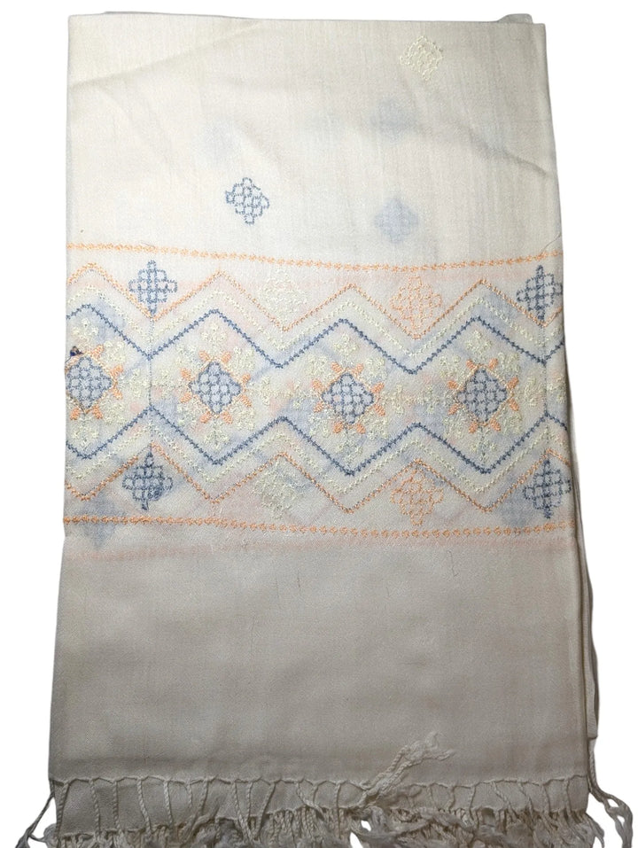 Handmade Women Wool Shawl Wrap Embroidered Design Rhombus With Borders Off White 4