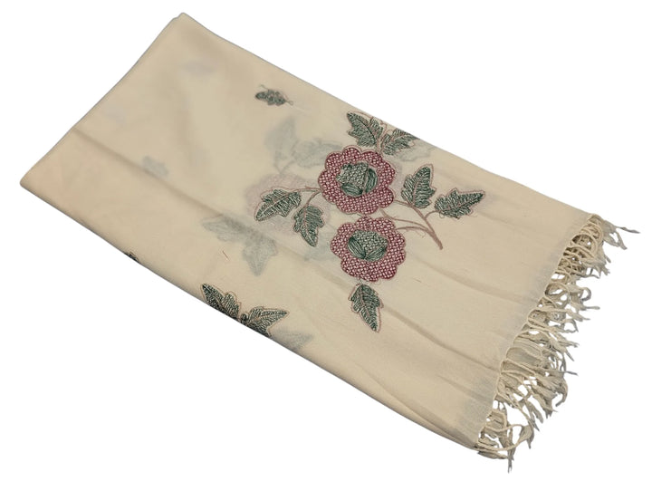 Handmade Women Wool Shawl Wrap Embroidered Design Floral Off White 2